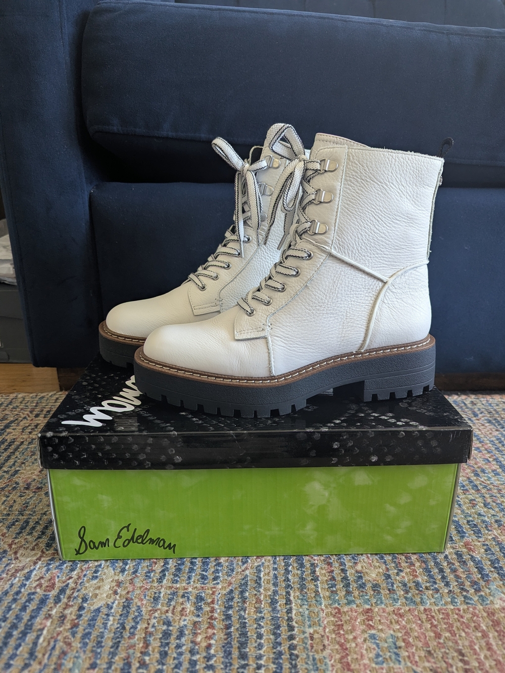 Sam Edelman Laurie Leather Combat Boots White US 7.5 Brand New